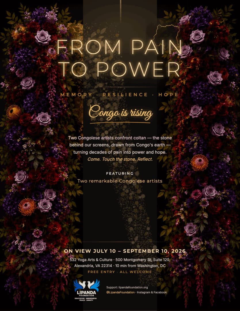 Exhibition flyer headed From Pain To Power, framed by dark floral columns, listing the July 10 to September 10 run in Alexandria, Virginia