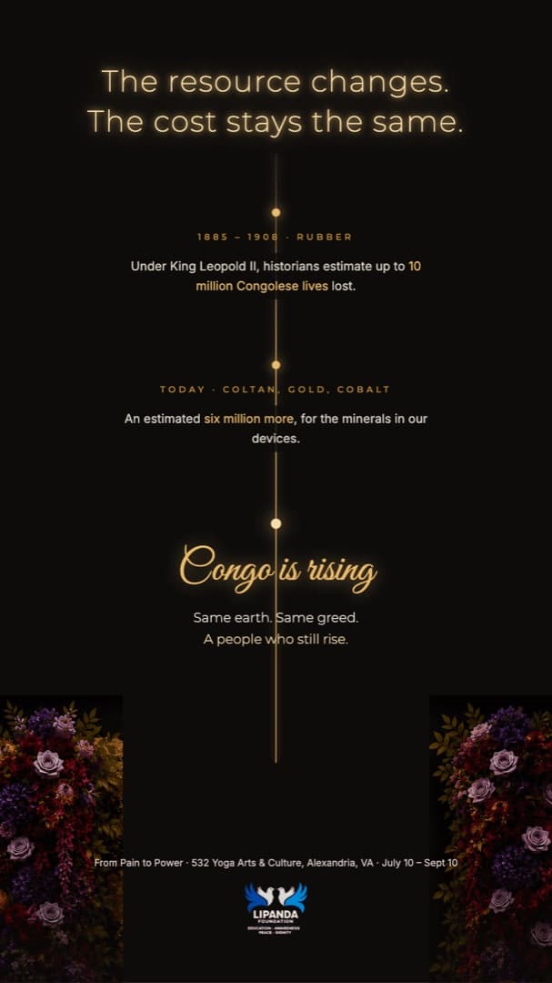 Vertical timeline comparing rubber under King Leopold II from 1885 to 1908 with coltan, gold and cobalt today, headed The resource changes. The cost stays the same.
