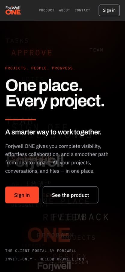 Forjwell One on mobile, the One place. Every project. hero at phone width