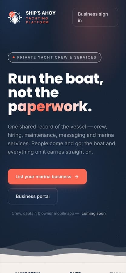 The Ship's Ahoy platform on mobile, the vessel hero rendered at phone width