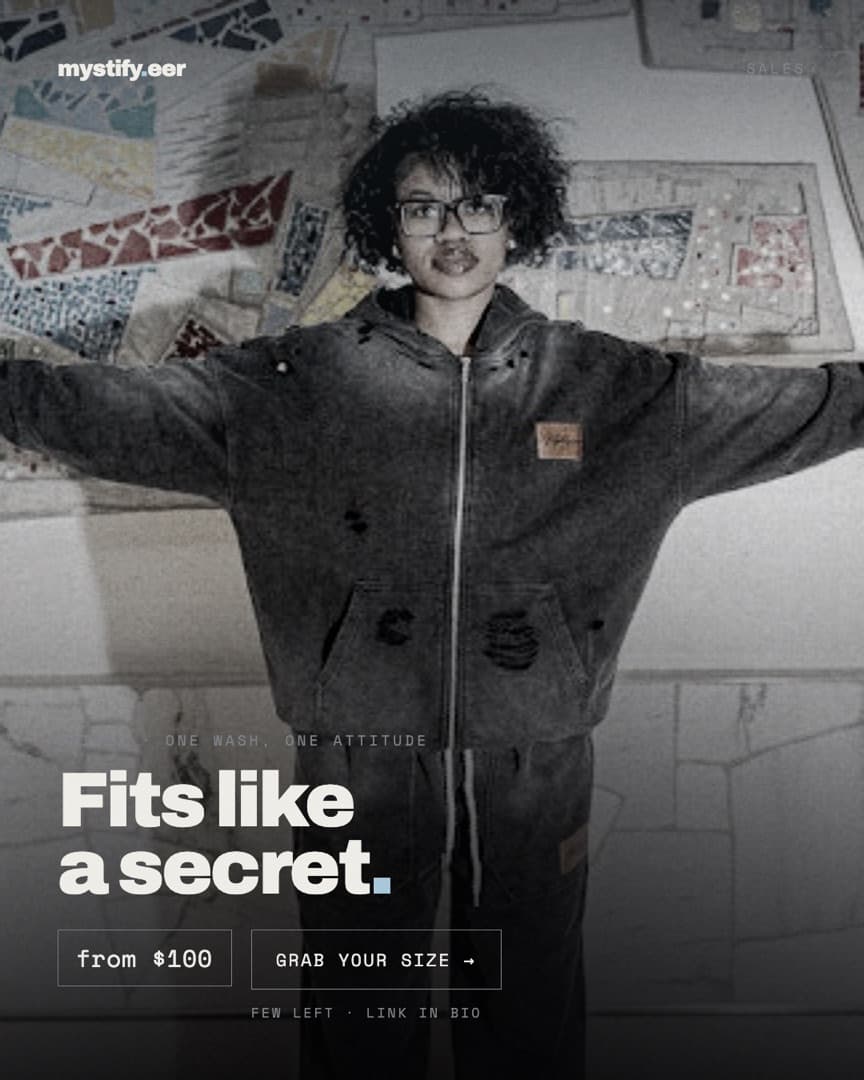 Model in an oversized washed jacket and trousers, headline Fits like a secret, priced from $100