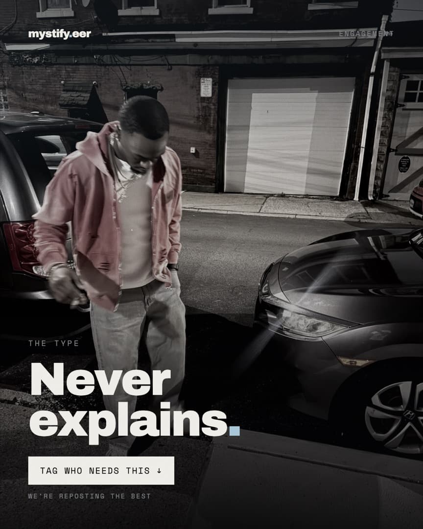 Night street shot of a model in a pink hooded jacket between parked cars, headline Never explains