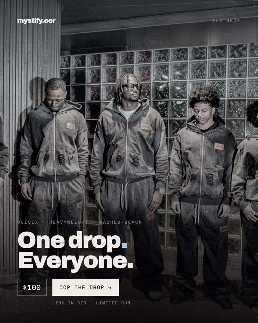 The full group shot again with the headline One drop. Everyone., marked unisex heavyweight washed-black