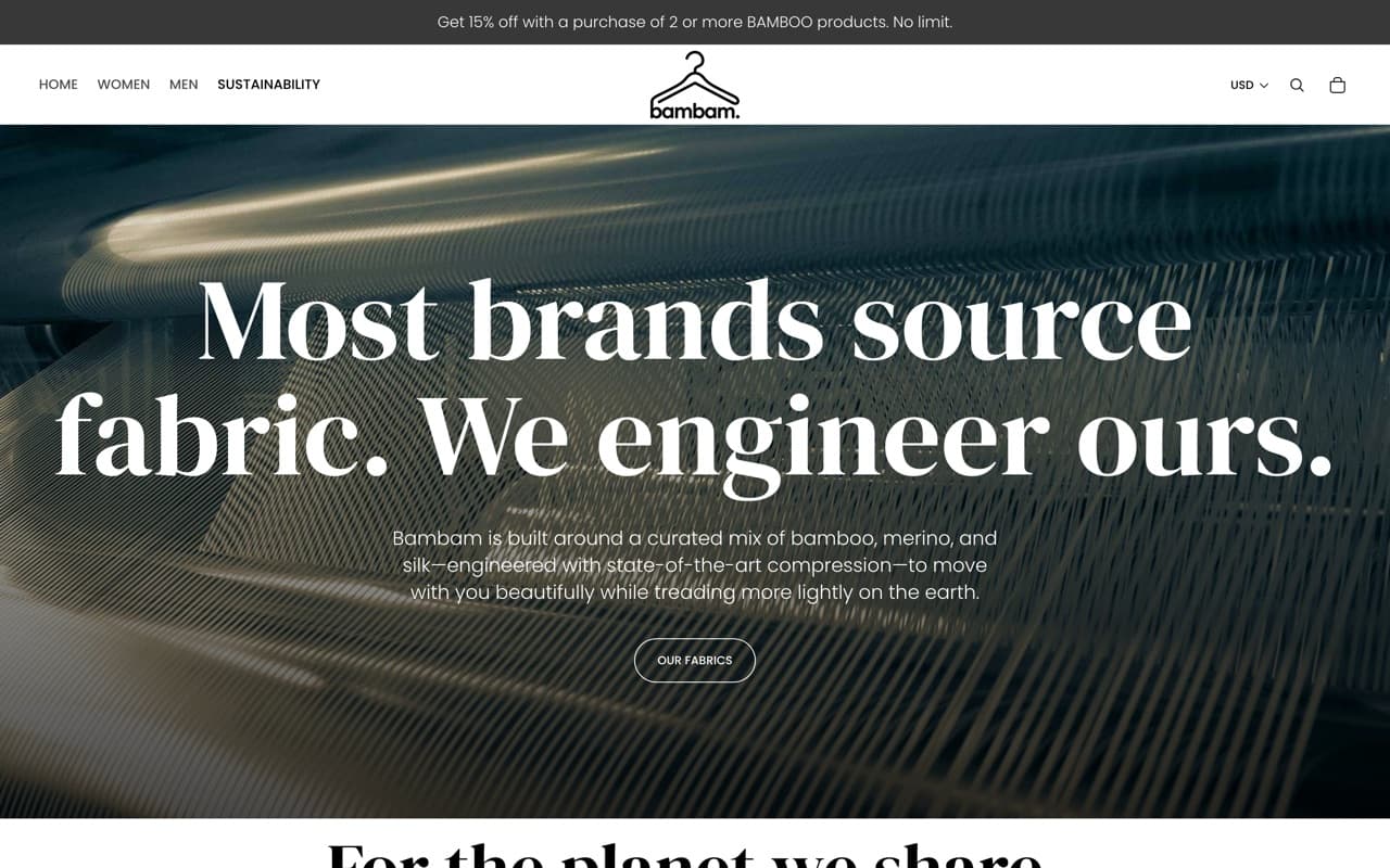 The bambam sustainability page explaining proprietary fabrics without micro-plastics