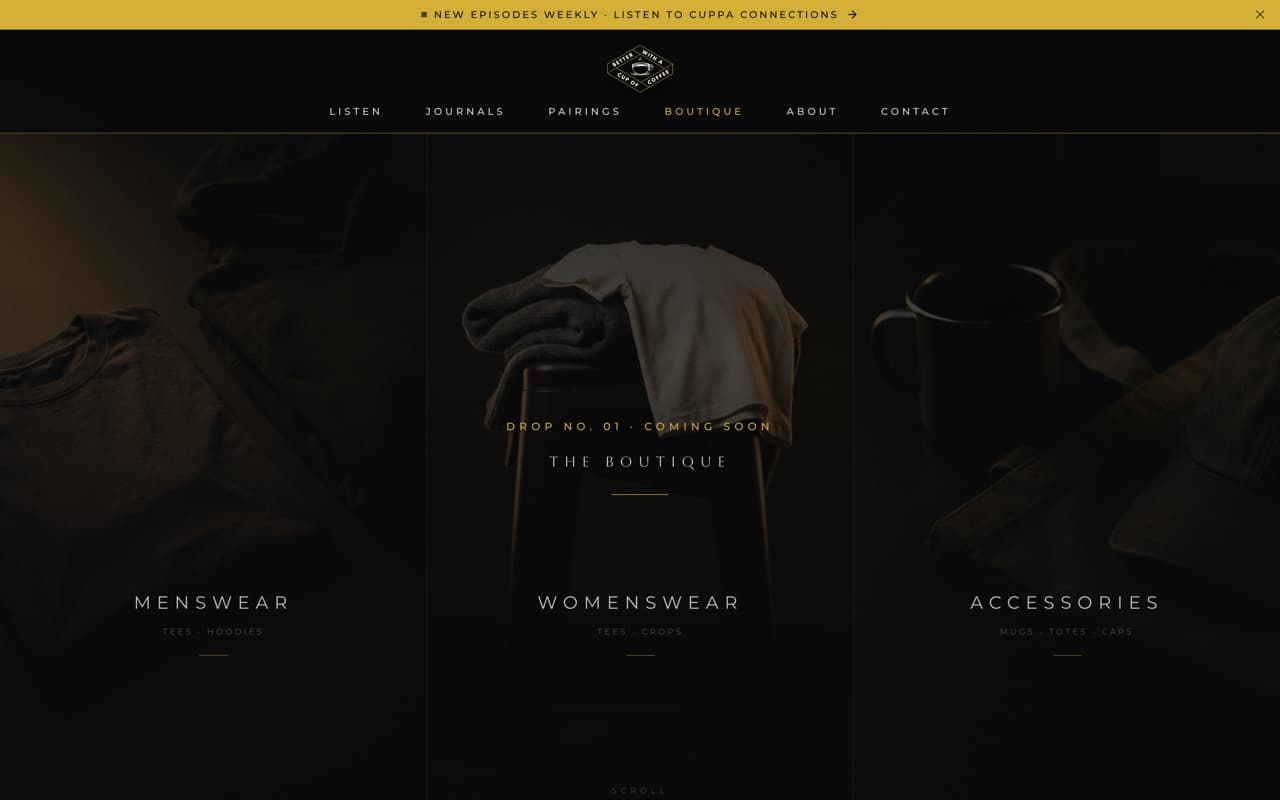 The Boutique page selling drops and digital goods