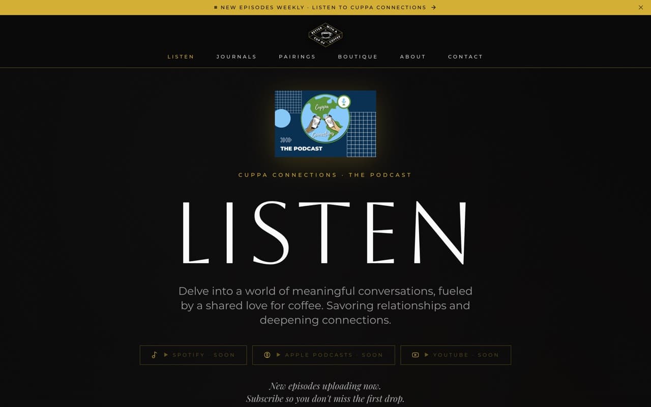 The Listen page hosting the Cuppa Connections podcast, new episodes weekly