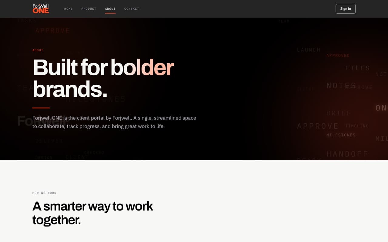 The about page headed Built for bolder brands