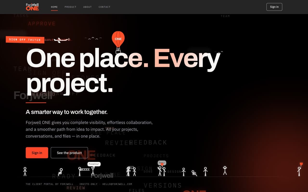 Forjwell One home page headed One place. Every project., with a hot air balloon mark