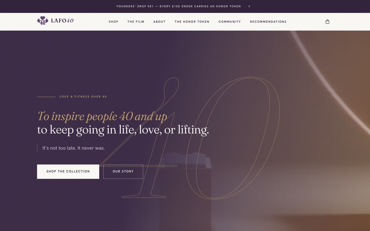 LAFO40 home page reading To inspire people 40 and up to keep going in life, love, or lifting