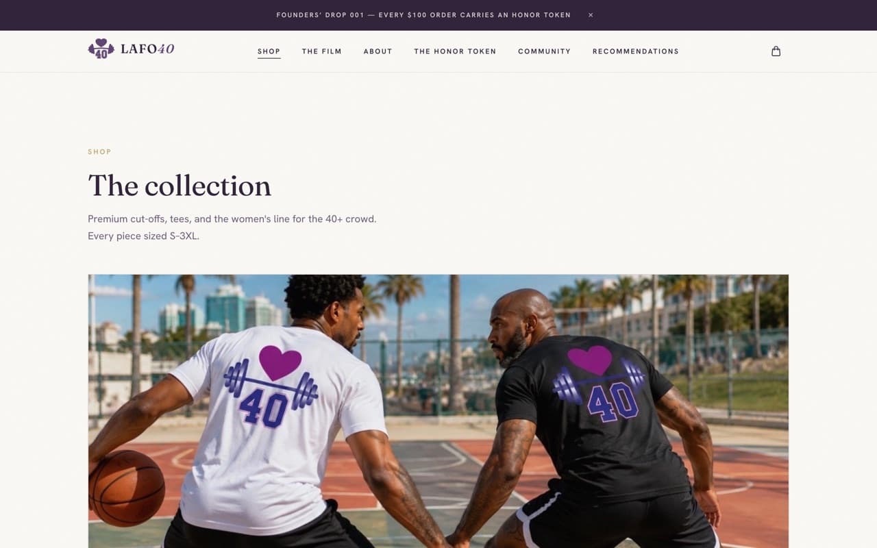 The LAFO40 shop showing Founders Drop 001, the first drop built to last