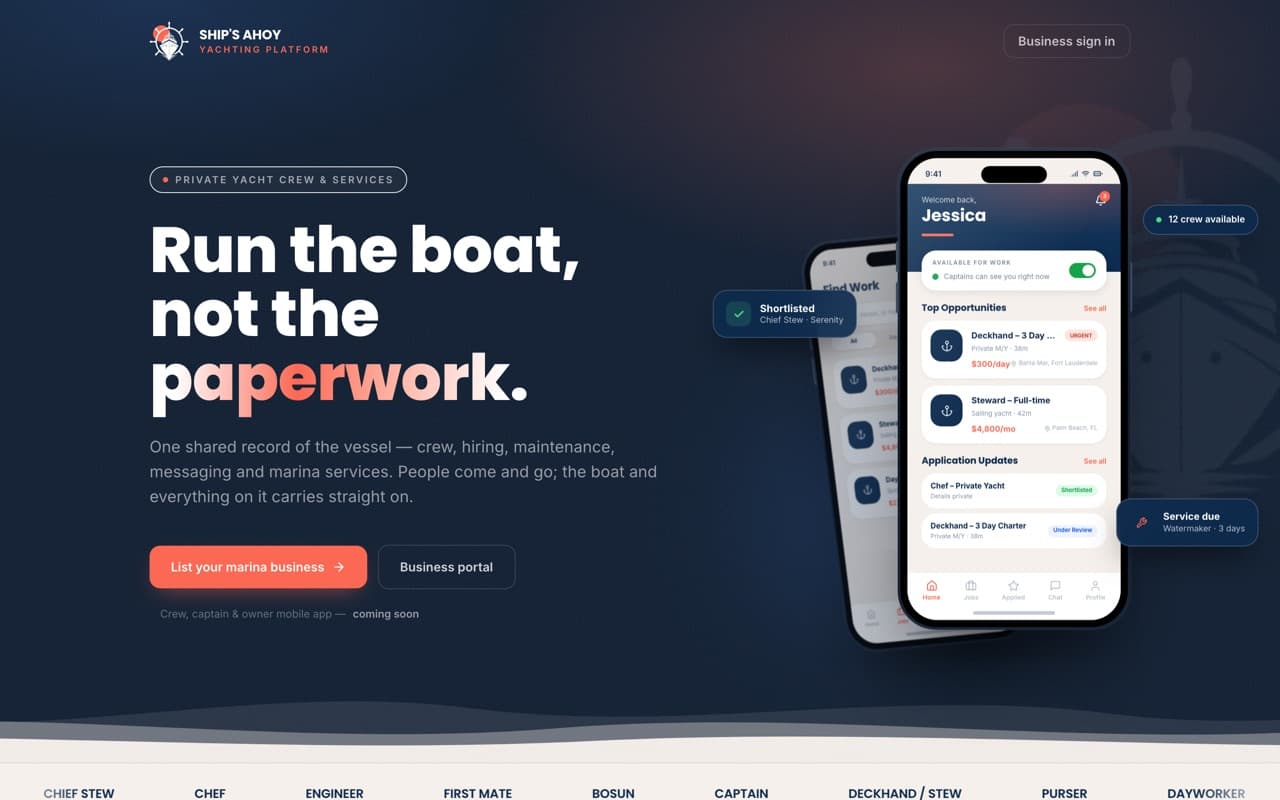 Ship's Ahoy home page headed Run the boat, not the paperwork, with the crew app shown on a phone