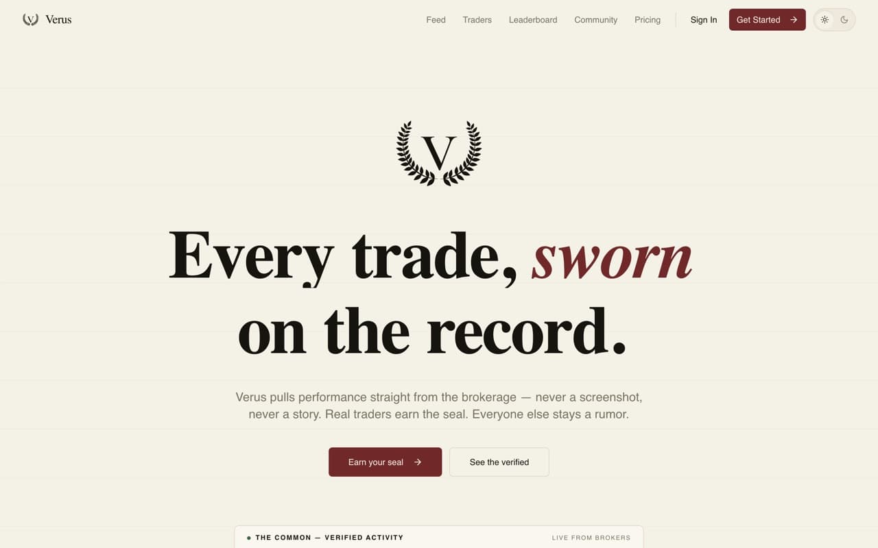 Verus home page headed Every trade, sworn on the record, with Earn your seal and See the verified