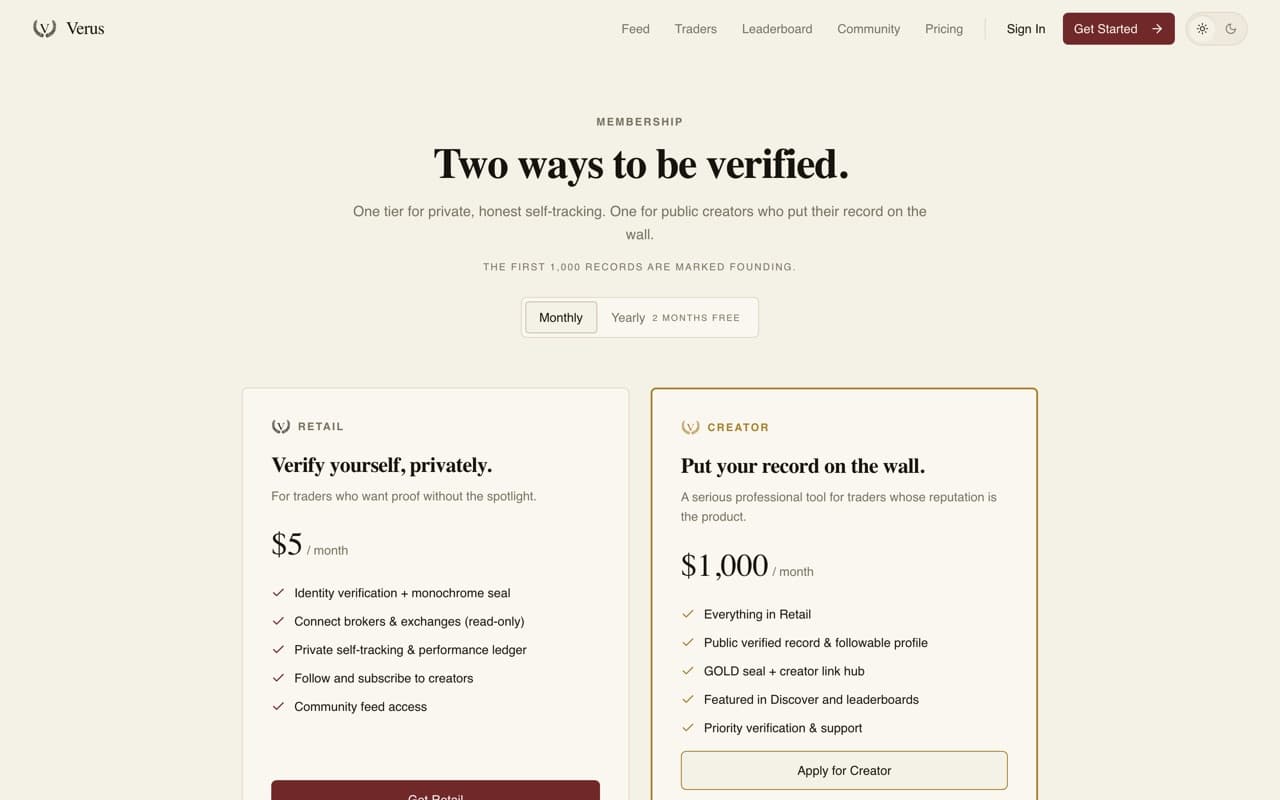 The Verus pricing page presenting two tiers against one standard of proof