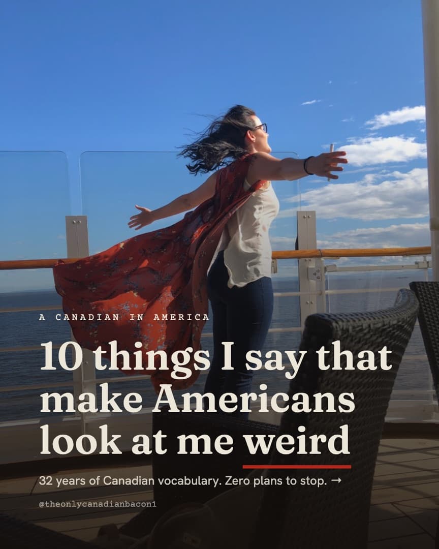 Instagram carousel cover reading Things Canadians Say, set in the series typeface over a muted photo backdrop